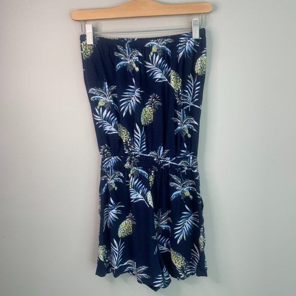 Navy blue island Tropical Pineapple Palm Strapless Romper Cover-up with Pockets - Picture 12 of 12